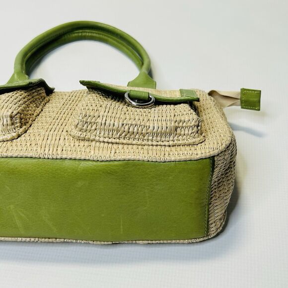 Kate Landry Natural Straw Green Soft Leather Tote Bag W Double Front Pockets - Picture 8 of 10